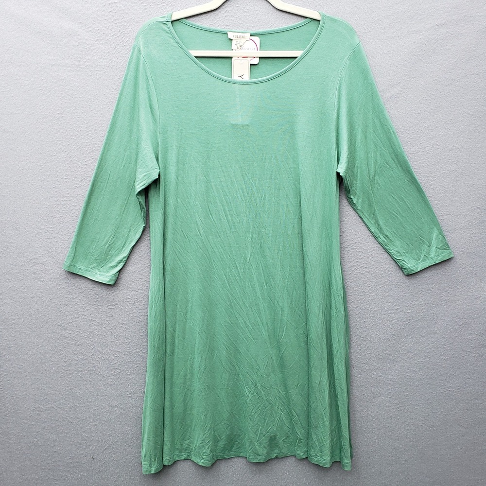 Yelete 3/4 Sleeve Tee Shirt Dress Solid Sage Green Comfortable Casual Basic XL